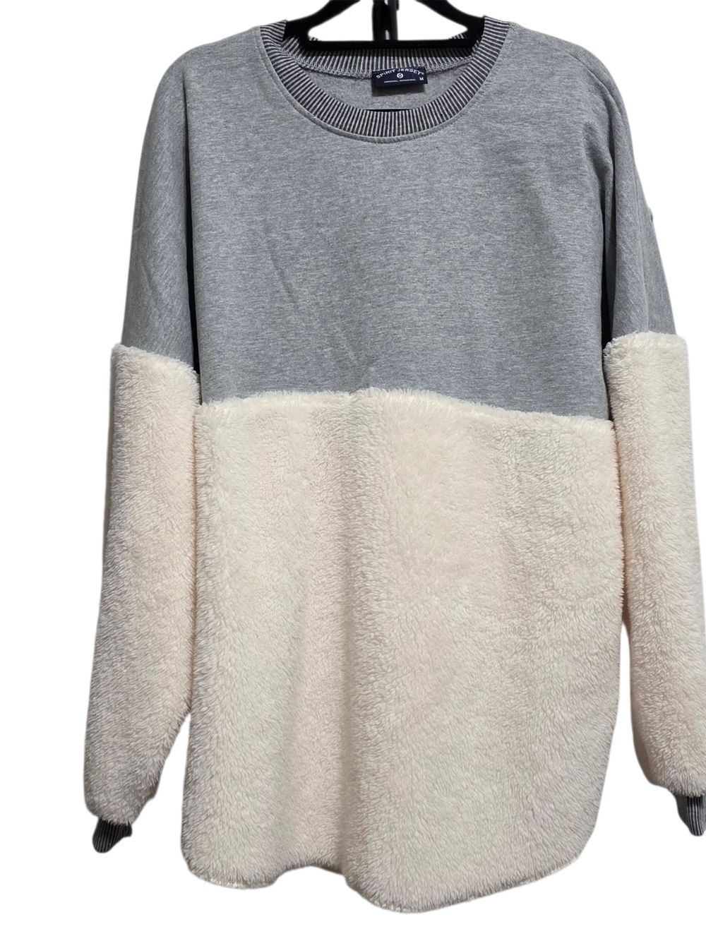 Spirit Jersey Holiday Nights Sherpa Pullover Sweatshirt Gray Cream Cozy Sz M